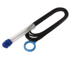 The CPAPology Monty Elite Tube Brush, Blue Handle, for 15mm to 22mm Tubing, featuring a sleek black loop tube with blue handle and white bristles, is designed to perfectly clean 15mm to 22mm tubing, ending in a practical blue cleaning tip.