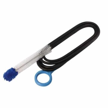 The CPAPology Monty Elite Tube Brush, Blue Handle, for 15mm to 22mm Tubing, featuring a sleek black loop tube with blue handle and white bristles, is designed to perfectly clean 15mm to 22mm tubing, ending in a practical blue cleaning tip.