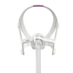 White nasal CPAP mask with headgear and attached tubing for sleep apnea therapy, front view on a plain background. This is the ResMed AirTouch for Her N20 Nasal CPAP Mask, designed for optimal comfort and effective treatment.