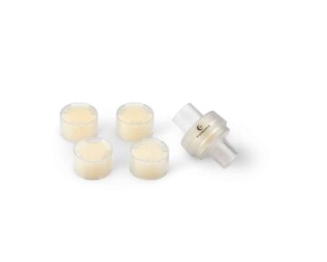 A white Koula NUG hydrogen device with four replacement filters on a white background, showcasing the Transcend PowerAway Micro Battery.