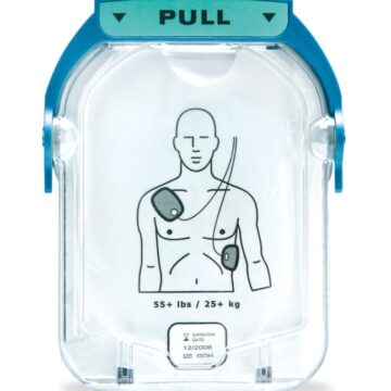 HeartStart Onsite/Home Replacement Adult SMART Pads (1 Pair) packaging showing a diagram of pad placement on a person's chest, specifically designed for use with HeartStart Onsite/Home models and compatible with adult SMART pads for effective emergency response.