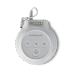 Round medical device with an LED indicator, cord, and buttons labeled Bluetooth, Mute, and Power. Branding says "Transcend PowerAway Micro Battery," making it clear that this device effectively embodies the convenience of Transcend technology.