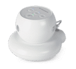 White Transcend PowerAway Micro Battery with control buttons on top, a connected power cord, and compatibility with the PowerAway Micro Battery for portable convenience.