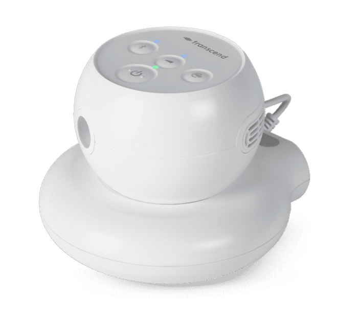 White Transcend PowerAway Micro Battery with control buttons on top, a connected power cord, and compatibility with the PowerAway Micro Battery for portable convenience.