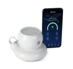 A sleep tracker device, featuring a Transcend PowerAway Micro Battery for extended use, rests next to a smartphone displaying a sleep score and related data on its screen.