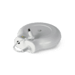 White circular electronic device with a button and a connecting cable attached, featuring the Transcend PowerAway Micro Battery technology, against a plain white background.