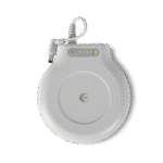 The Transcend PowerAway Micro Battery features indicator lights and a coiled white cord with a plug.