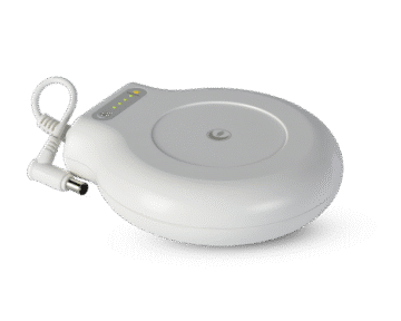 A white circular electronic device with a power plug and LED indicators, featuring the innovative Transcend PowerAway Micro Battery technology, placed on a pristine white background.