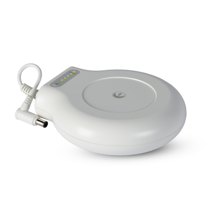 A white circular electronic device with a power plug and LED indicators, featuring the innovative Transcend PowerAway Micro Battery technology, placed on a pristine white background.