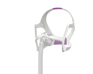 A ResMed Airtouch for Her N20 Nasal CPAP Mask, featuring adjustable straps and a purple cushion for comfort, designed especially for her.