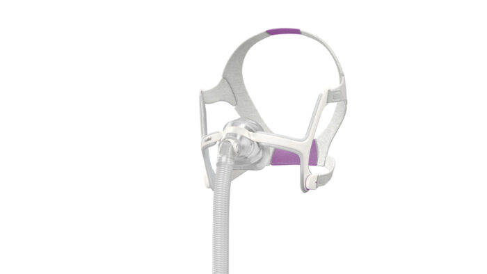 A ResMed Airtouch for Her N20 Nasal CPAP Mask, featuring adjustable straps and a purple cushion for comfort, designed especially for her.