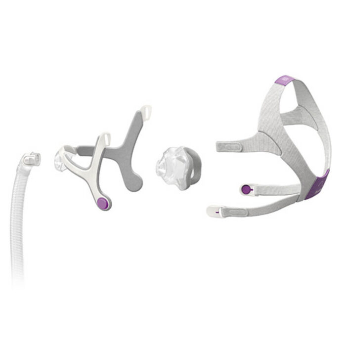 Components of a CPAP mask, including a headgear, tubing attachment, and mask cushion, arranged on a white background. Featured is the ResMed Airtouch for Her N20 Nasal CPAP Mask for added comfort.