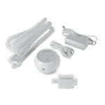 Transcend Micro Travel APAP Machine with accessories including a hose, mask, power adapter, and humidifier, all laid out on a black background. Perfect for Micro Travel with its compact design.