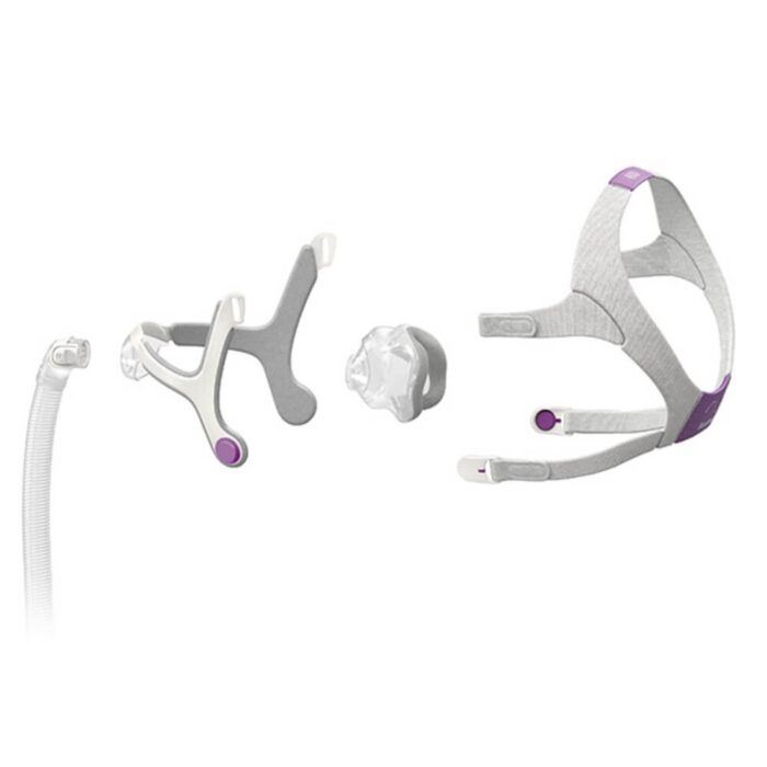 A disassembled ResMed Airtouch for Her N20 Nasal CPAP Mask with headgear, nasal cushion, and connecting tube displayed against a white background.