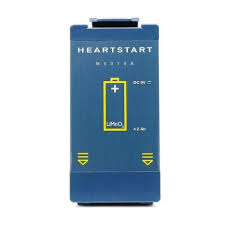 Blue HeartStart Onsite/Home Replacement Long-Life Battery with a yellow battery icon and "LiMnO2" label, indicating it is compatible with HeartStart Onsite AED devices.