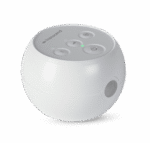 White, spherical Transcend Micro Travel APAP Machine with buttons and indicator lights on the top, shown on a white background with a shadow. Ideal as a Micro Travel APAP Machine for effortless portability.