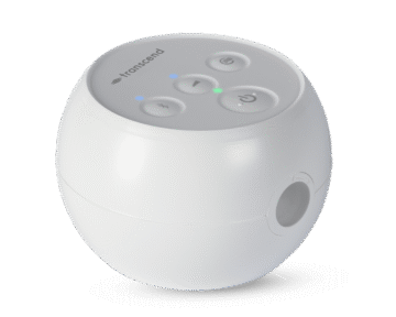 White, spherical Transcend Micro Travel APAP Machine with buttons and indicator lights on the top, shown on a white background with a shadow. Ideal as a Micro Travel APAP Machine for effortless portability.