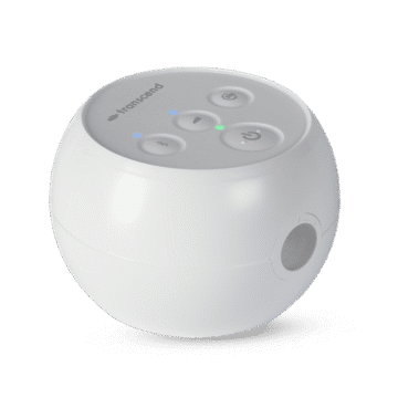 White, spherical Transcend Micro Travel APAP Machine with buttons and indicator lights on the top, shown on a white background with a shadow. Ideal as a Micro Travel APAP Machine for effortless portability.