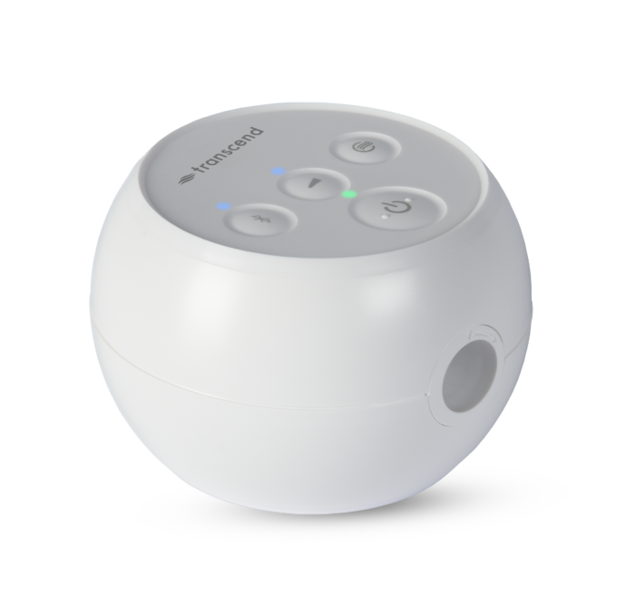 White, spherical Transcend Micro Travel APAP Machine with buttons and indicator lights on the top, shown on a white background with a shadow. Ideal as a Micro Travel APAP Machine for effortless portability.