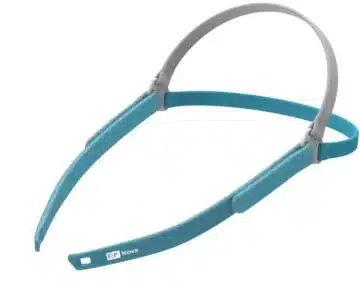 A blue and grey Fisher & Paykel Nova Mirco Nasal Pillow Headgear, designed for virtual reality headsets.