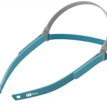 A blue and grey Fisher & Paykel Nova Mirco Nasal Pillow Headgear, designed for virtual reality headsets.