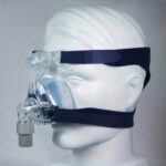 A mannequin head wearing a transparent full-face CPAP mask with black straps featuring the ResMed Mirage SoftGel Nasal CPAP Mask Cushion & Clip for a secure fit.