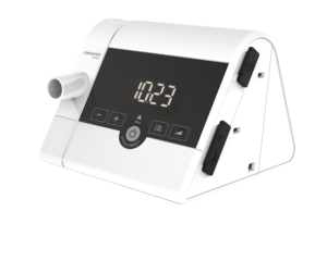A triangular white digital device, the Lowenstein prismaSMART CPAP/APAP Machine & prismaAQUA Humidifier with 19mm Standard Tubing, displays "10:29" on a screen surrounded by various control buttons and side slots.