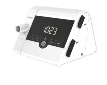 A triangular white digital device, the Lowenstein prismaSMART CPAP/APAP Machine & prismaAQUA Humidifier with 19mm Standard Tubing, displays "10:29" on a screen surrounded by various control buttons and side slots.