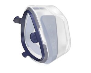 A clear plastic and navy blue face mask filter attachment with a sleek, minimalist design, reminiscent of the ResMed Mirage SoftGel Nasal CPAP Mask Cushion & Clip.