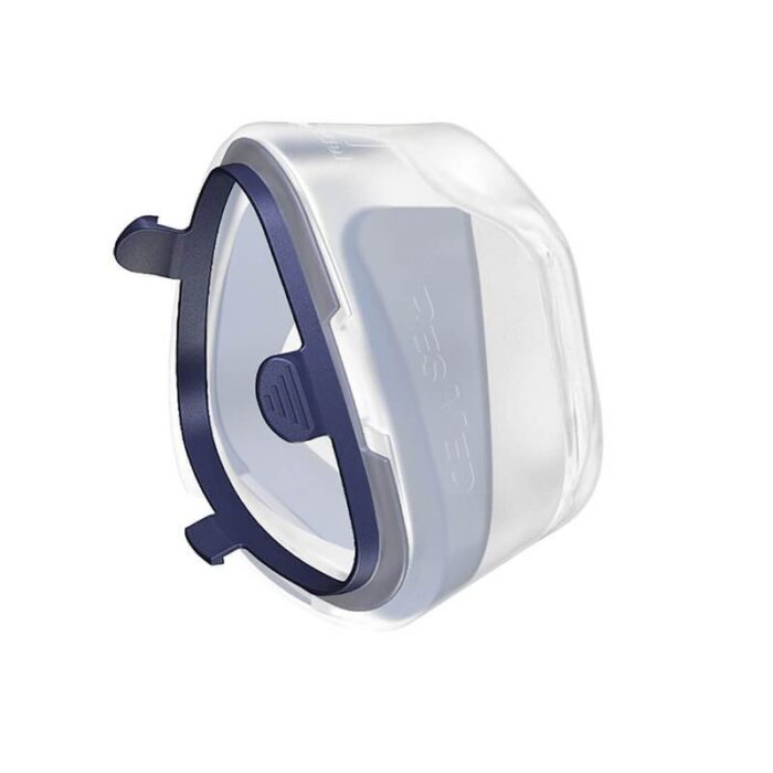 A clear plastic and navy blue face mask filter attachment with a sleek, minimalist design, reminiscent of the ResMed Mirage SoftGel Nasal CPAP Mask Cushion & Clip.