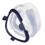 A transparent plastic mask frame with a dark blue strap attached, designed to fit the ResMed Mirage SoftGel Nasal CPAP Mask Cushion & Clip.