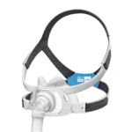 A ResMed AirFit F40 Full Face CPAP Mask in white and blue, featuring standard size straps, designed for sleep apnea therapy.