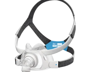 A ResMed AirFit F40 Full Face CPAP Mask in white and blue, featuring standard size straps, designed for sleep apnea therapy.