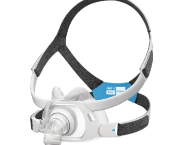 A ResMed AirFit F40 Full Face CPAP Mask in white and blue, featuring standard size straps, designed for sleep apnea therapy.