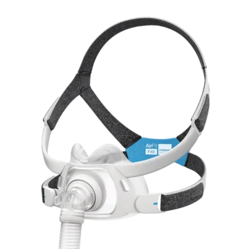 A ResMed AirFit F40 Full Face CPAP Mask in white and blue, featuring standard size straps, designed for sleep apnea therapy.