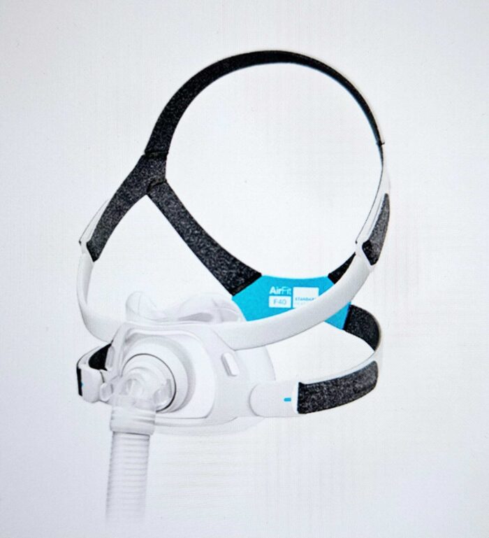 A white Full Face CPAP Mask from ResMed with black and white headgear, featuring a blue label that reads "AirFit F40.