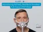 A man wears the ResMed AirFit F40 Full Face CPAP Mask, introduced as ResMed's smallest full-face mask with blue text.