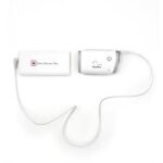 Two connected white medical devices, one labeled "Swiss Rescue-Hus" and the other "HeartSaver," paired with a sleek Zopec Explore Mini Universal Battery Back Up, all set against a pristine white background.