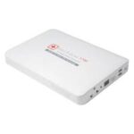 The white portable external battery, named "Zopec Explore Mini Universal Battery Back Up," features multiple ports on the side for charging. It's the ideal universal battery backup, ensuring you stay powered wherever you go.