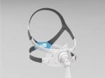 The ResMed AirFit F40 Full Face CPAP Mask in gray and white features adjustable headgear and a tubing connector, designed to deliver optimal sleep apnea therapy.
