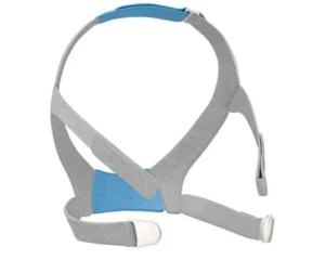 Gray and blue ResMed AirFit F30 Full Face CPAP Mask Headgear with adjustable straps, designed for use with sleep apnea therapy devices.