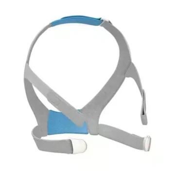 Gray and blue ResMed AirFit F30 Full Face CPAP Mask Headgear with adjustable straps, designed for use with sleep apnea therapy devices.