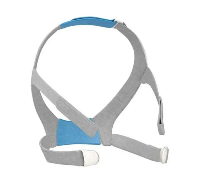 Gray and blue ResMed AirFit F30 Full Face CPAP Mask Headgear with adjustable straps, designed for use with sleep apnea therapy devices.