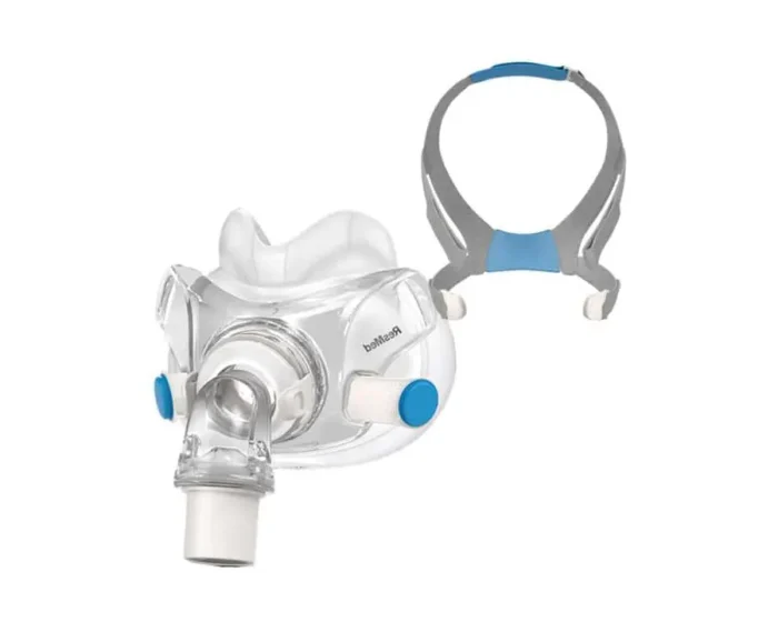 A transparent CPAP nasal mask with blue accents and a detachable headgear strap for sleep apnea treatment, similar in design to the ResMed AirFit F30 Full Face CPAP Mask Headgear.