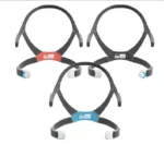 Set of three ResMed AirFit F40 Full Face CPAP Mask headgear straps, each in black with a colored label (red, gray, blue), designed for optimal CPAP therapy compatibility.