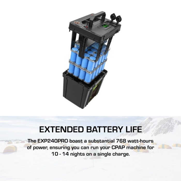 Image of the EXP 240 PRO LiFePO4 CPAP Battery, highlighting its extended life due to advanced LiFePO4 technology.