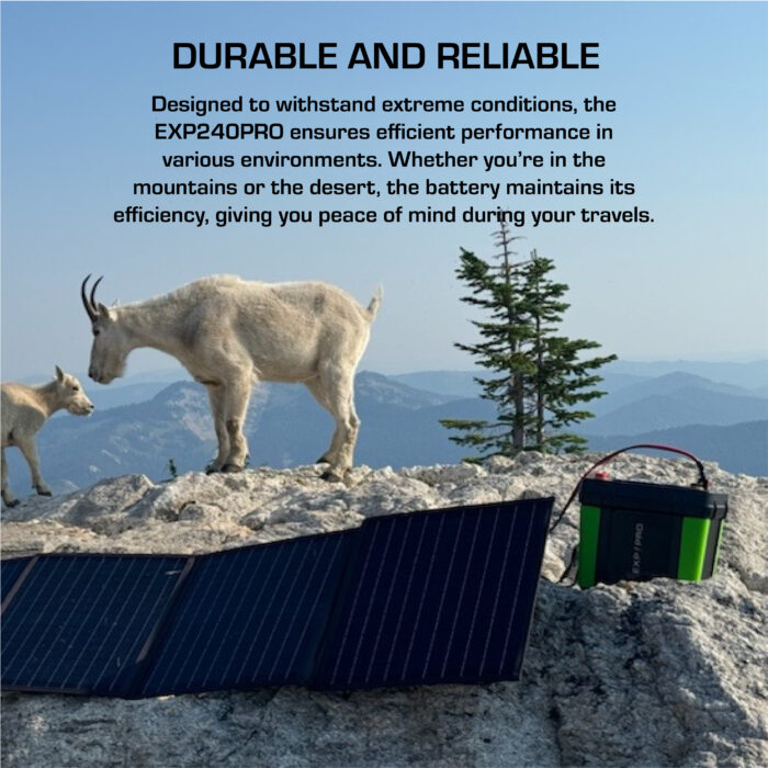 Mountain goats roam near solar panels and a robust EXP 240 PRO LiFePO4 CPAP Battery, showcasing the system's unmatched reliability.