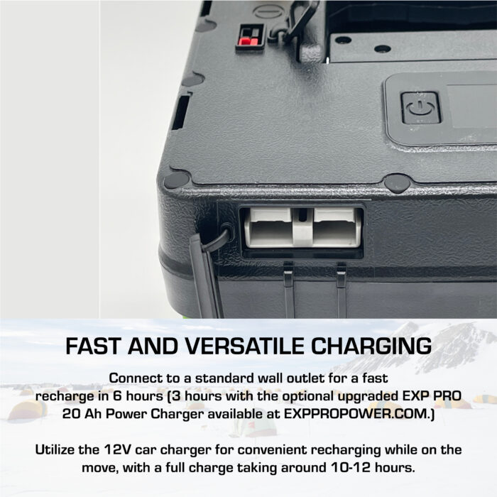 Close-up of the EXP 240 PRO LiFePO4 CPAP Battery device with USB ports, showcasing fast charging instructions and time estimates in the background. Ideal for powering your CPAP battery efficiently.