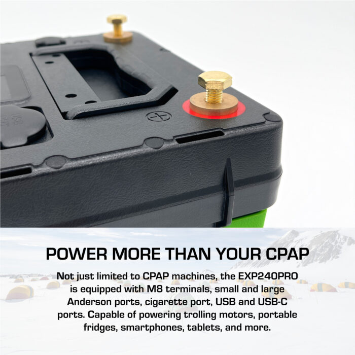 Close-up of the EXP 240 PRO LiFePO4 CPAP Battery showcasing its diverse ports and prominent text highlighting its ability to power multiple devices.