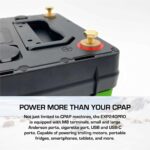 Close-up of the EXP 240 PRO LiFePO4 CPAP Battery showcasing its diverse ports and prominent text highlighting its ability to power multiple devices.
